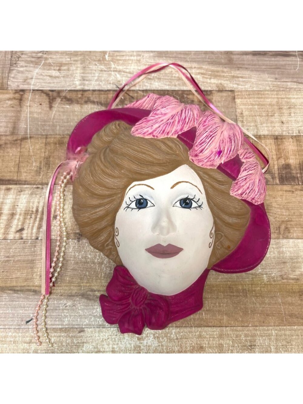 Handcrafted Wall Mask With Pink Feathers Pearls & Ribbon - Elegant Vintage Lady